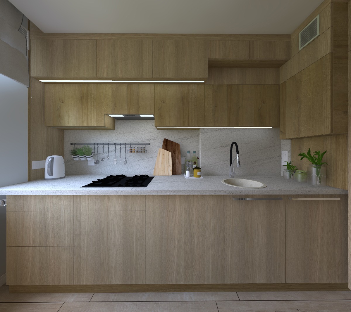 Jasna, drewniana zabudowa kuchenna w Gdyni z subtelnym oświetleniem LED pod szafkami, minimalistycznym zlewem i czarną płytą grzewczą, uzupełniona o zioła w doniczkach i drewniane deski do krojenia.