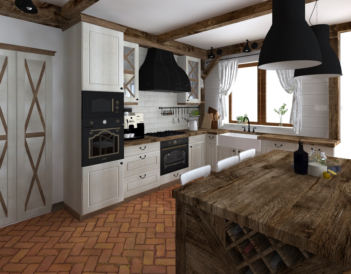 Rustykalna kuchnia z drewnianymi belkami stropowymi, ceglaną podłogą, białymi szafkami i wyspą z miejscem na wino.
