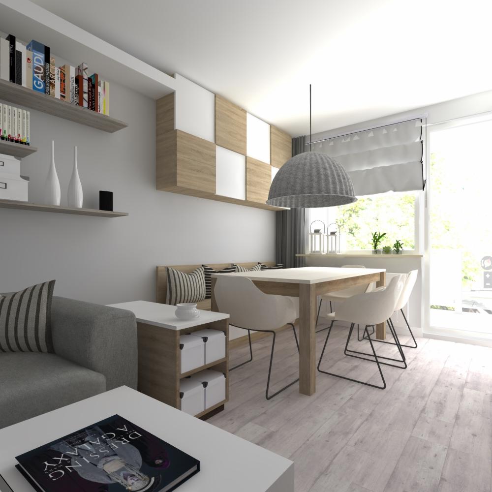 Jasne wnętrze: salon z szarą sofą, drewnianym stolikiem kawowym z książką, jadalnia z drewnianym stołem i białymi krzesłami, oraz półki z książkami i dekoracjami na ścianie.