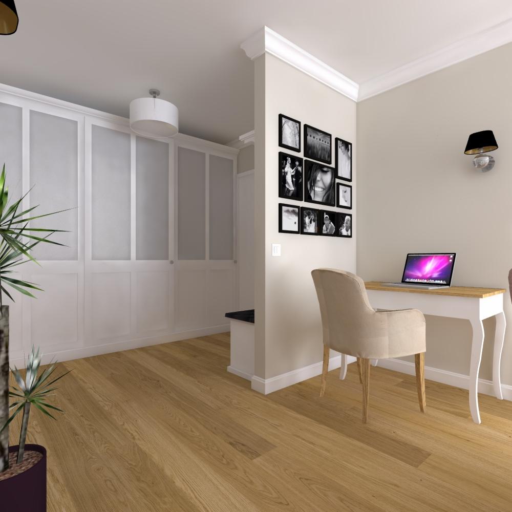 Wizualizacja pokoju z biurkiem, laptopem, krzesłem w odcieniach beżu, galerii czarno-białych zdjęć na ścianie i dużą szafą z białymi frontami oraz rośliną doniczkową w rogu.