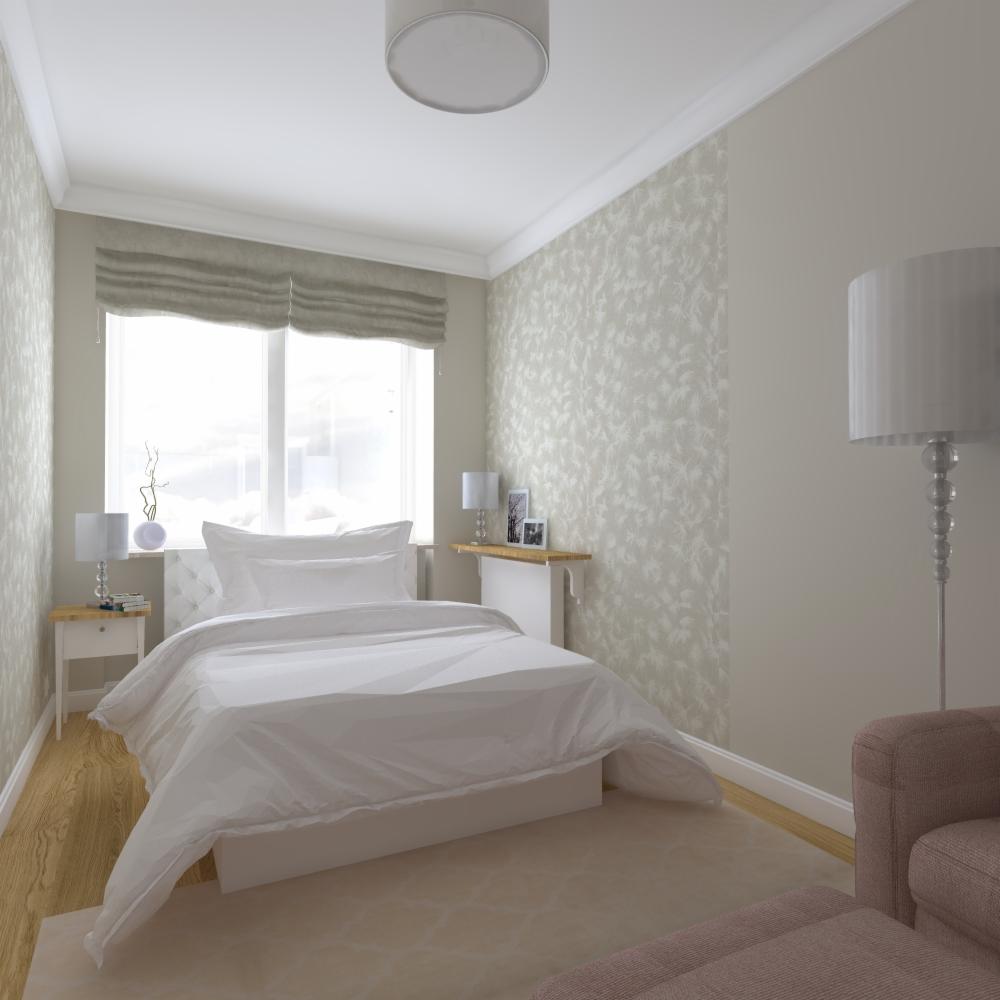Jasna sypialnia z białym łóżkiem, stolikami nocnymi i lampami, delikatna tapeta w kwiaty, roleta rzymska w oknie, widoczny fragment różowego fotela.