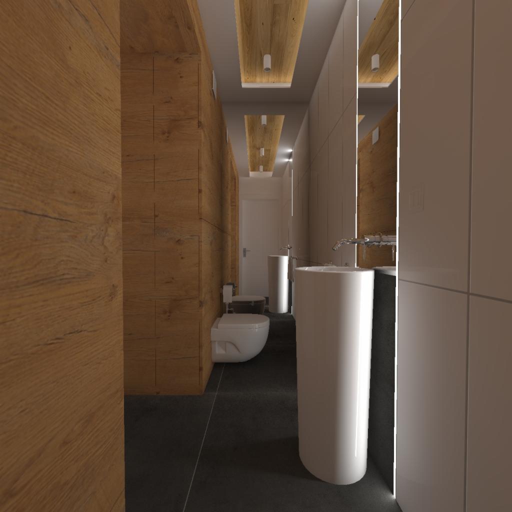 Wizualizacja wąskiej łazienki z drewnianymi panelami na ścianie, czarną podłogą i białymi sanitariatami: umywalką kolumnową i toaletą. Oświetlenie sufitowe w geometryczne wzory.