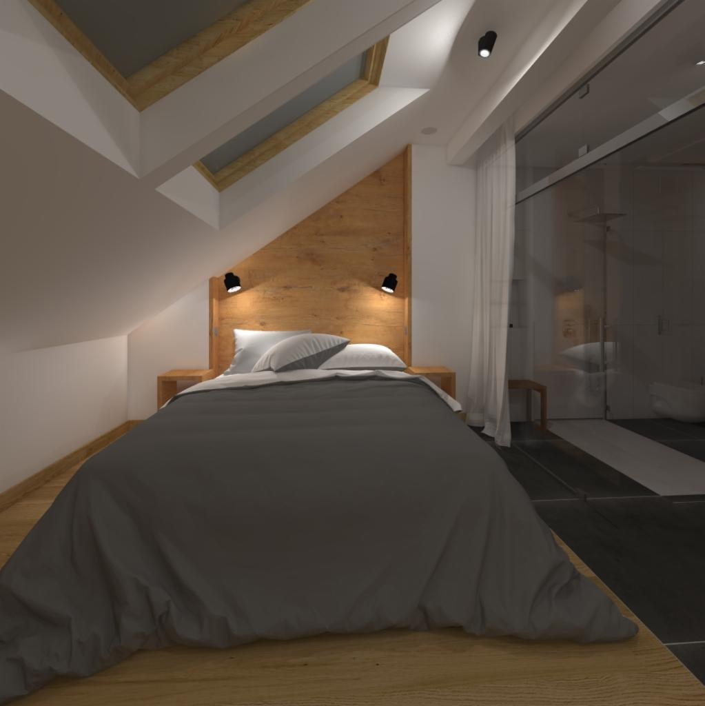 Sypialnia na poddaszu z drewnianym zagłówkiem w kształcie trójkąta, oświetlona lampkami nocnymi, z widokiem na łazienkę przez szklaną ścianę.