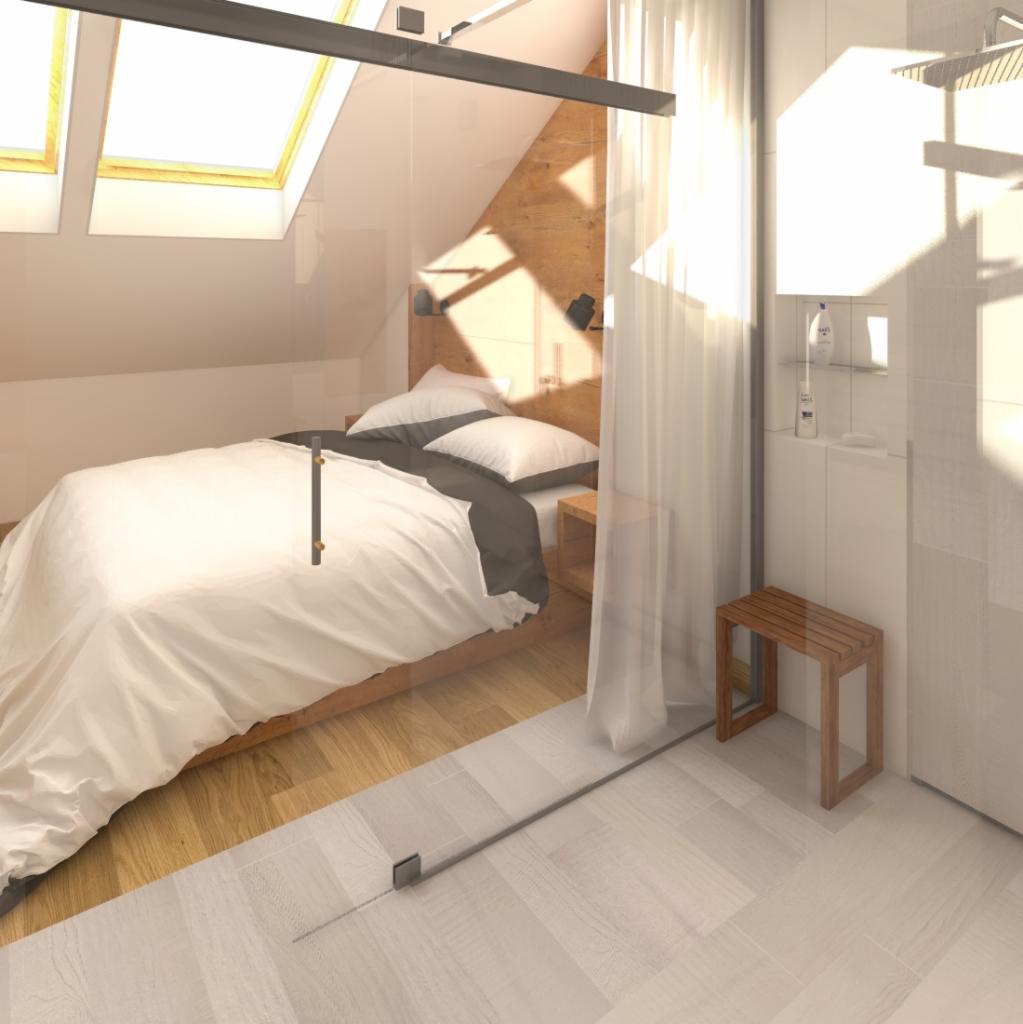 Wizualizacja sypialni z łazienką oddzieloną szklaną ścianą; skośne okna dachowe, drewniane wykończenie ściany za łóżkiem, minimalistyczny stołek prysznicowy.