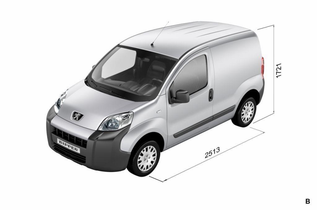 Srebrny furgon dostawczy Peugeot Bipper z naniesionymi wymiarami (wysokość 1721 mm, długość 2513 mm) na białym tle.