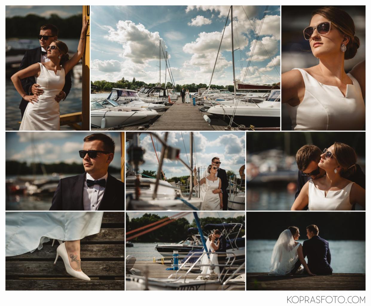 Kolaż zdjęć ślubnych: para młoda w okularach przeciwsłonecznych pozuje na drewnianym molo z jachtami w tle, zbliżenie na suknię ślubną i tatuaż na stopie panny młodej, oraz portrety.