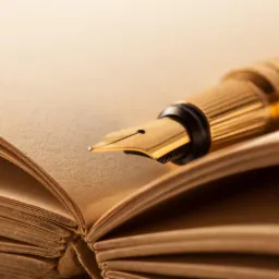 Złote pióro wieczne spoczywające na otwartej, starej książce z pożółkłymi stronami, ukazane w ciepłym oświetleniu.