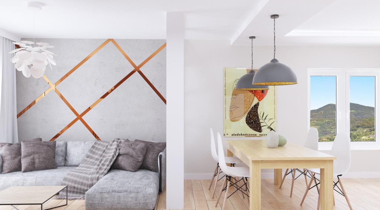 Jasne wnętrze mieszkania z szarą sofą, wzorem z miedzianych pasków na ścianie, drewnianym stołem i trzema szarymi lampami wiszącymi.