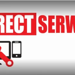 Logo firmy Direct Serwis z komputerem, monitorem, smartfonem i czerwonym kluczem francuskim.