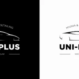Logo myjni detailingowej UNI-PLUS z Wrocławia. Kontrastowe tło: czerń i biel. Sylwetka auta w minimalistycznym stylu.