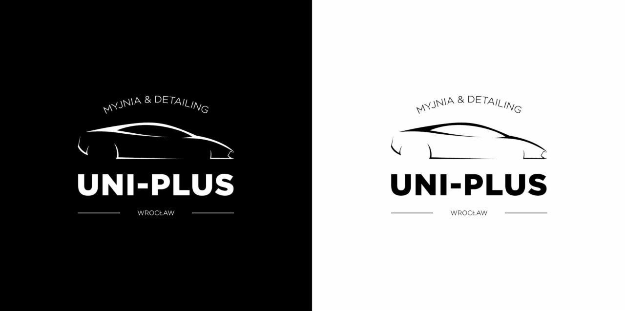 Logo myjni detailingowej UNI-PLUS z Wrocławia. Kontrastowe tło: czerń i biel. Sylwetka auta w minimalistycznym stylu.
