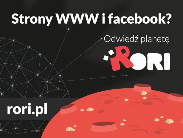 Grafika reklamowa z pytaniem o strony WWW i Facebook, zapraszająca do odwiedzenia planety RORI z adresem rori.pl na tle kosmicznej siatki.