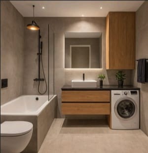 Nowoczesna łazienka w szarościach: wanna z czarną armaturą, umywalka z podświetlanym lustrem, drewniane szafki, pralka i wisząca szafka. Całość oświetlona punktowo.