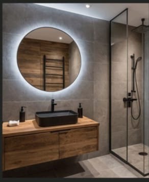 Nowoczesna łazienka z szarymi płytkami, drewnianą szafką pod umywalkę i okrągłym lustrem z podświetleniem LED. Czarna armatura i kabina prysznicowa.