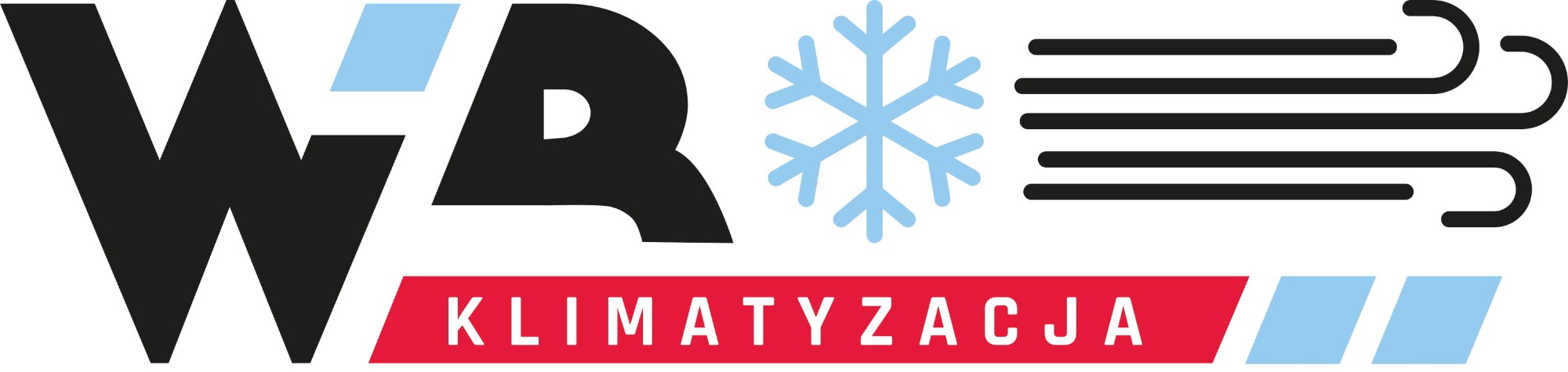 Graficzne logo firmy z branży klimatyzacji, zawierające stylizowane litery WR, płatek śniegu i symbol nawiewu powietrza.