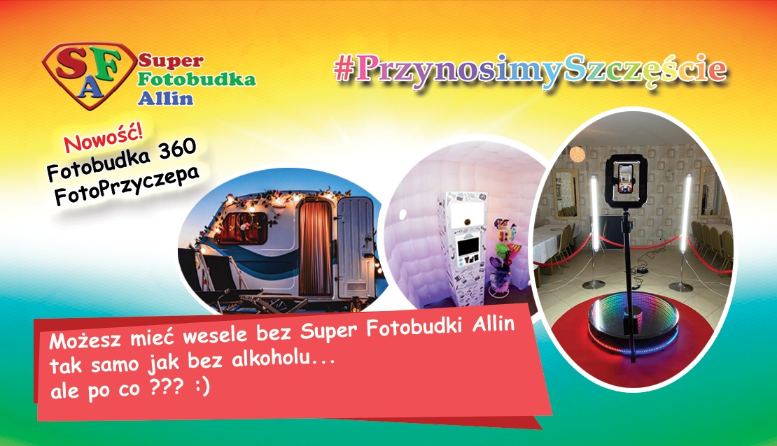 Kompozycja prezentująca różne warianty mobilnej atrakcji na imprezy: fotobudka w przyczepie kempingowej, dmuchana fotobudka i obrotowa platforma 360 stopni z oświetleniem LED.