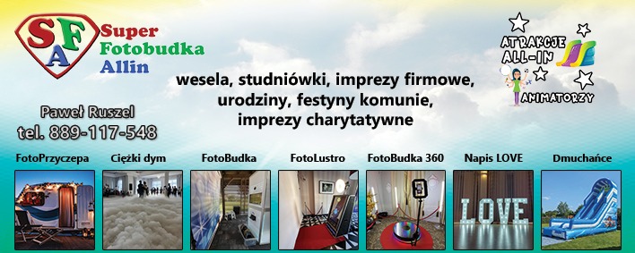 Baner reklamowy firmy oferującej atrakcje na imprezy: fotobudki różnego typu (przyczepa, lustro, 360), ciężki dym, dmuchańce, napis LOVE, animacje, z ofertą na wesela, studniówki, imprezy firmowe...