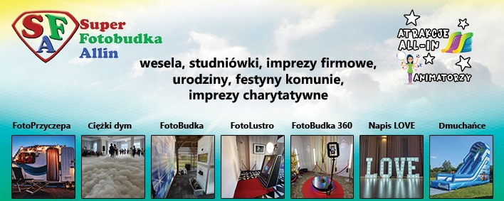 Baner reklamowy firmy oferującej atrakcje na imprezy: fotobudki różnego typu (przyczepa, lustro, 360), ciężki dym, dmuchańce i napis LOVE z podświetleniem.