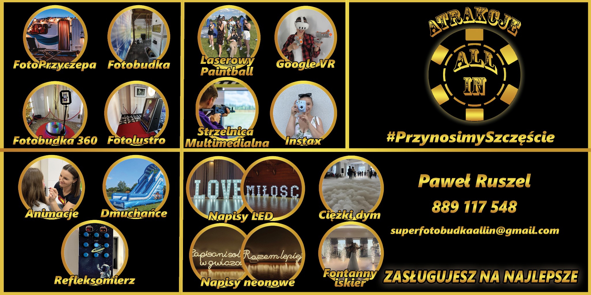 Kompozycja zdjęć atrakcji eventowych: fotobudka, dmuchańce, animator malujący twarz, laserowy paintball, strzelnica multimedialna, napisy LED i neonowe, ciężki dym, fontanny iskier, refleksomierz...