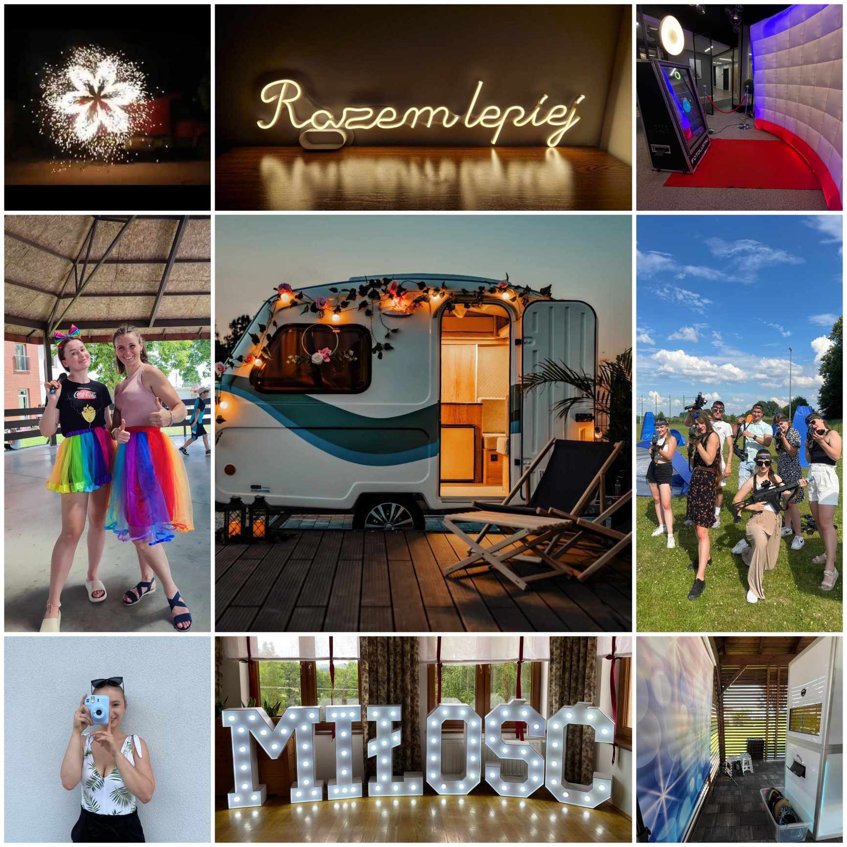 Kolaż zdjęć: fajerwerki, neonowy napis 'Razem lepiej', fotobudka z czerwonym dywanem, dwie dziewczyny w kolorowych spódnicach, przyczepa kempingowa z dekoracjami kwiatowymi i lampkami, grupa osób...