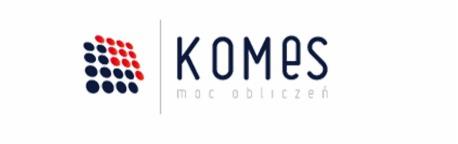 Logo firmy KOMES z niebiesko-czerwonym graficznym symbolem i napisem 'moc obliczeń' poniżej nazwy.