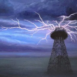 Ilustracja wieży przesyłowej z wyładowaniami elektrycznymi w stylu retro, na tle burzowego nieba w odcieniach fioletu i szarości.