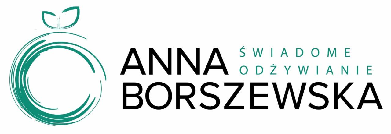 Logo firmy Anna Borszewska - Świadome Odżywianie, z abstrakcyjnym symbolem roślinnym w kolorze morskim po lewej stronie.