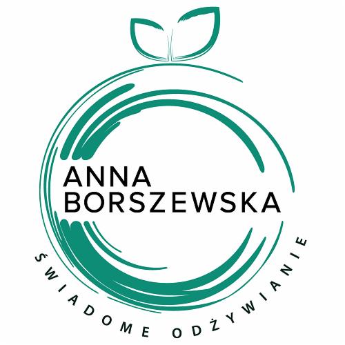 Logo firmy 'Anna Borszewska Świadome Odżywianie' z Bielsko-Białej, przedstawione w formie zielonego jabłka z liśćmi i okręgami.