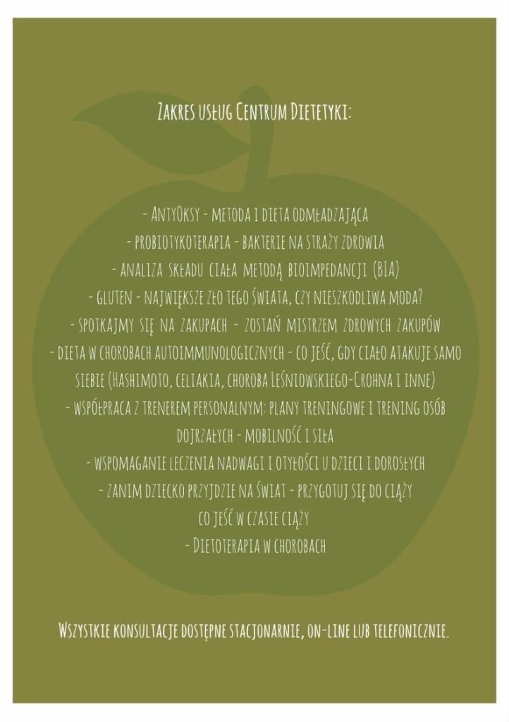 Grafika informacyjna centrum dietetyki z listą oferowanych usług, w tym analiza składu ciała, diety w chorobach autoimmunologicznych i konsultacje online.