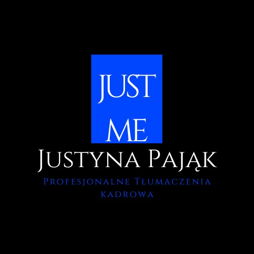 Logo firmy Just Me Justyna Pająk oferującej profesjonalne tłumaczenia kadrowe, na czarnym tle z niebieskim kwadratem.