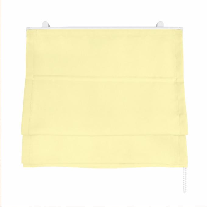 Żółta roleta rzymska z białym mechanizmem i sznurkiem, widok z przodu na białym tle.