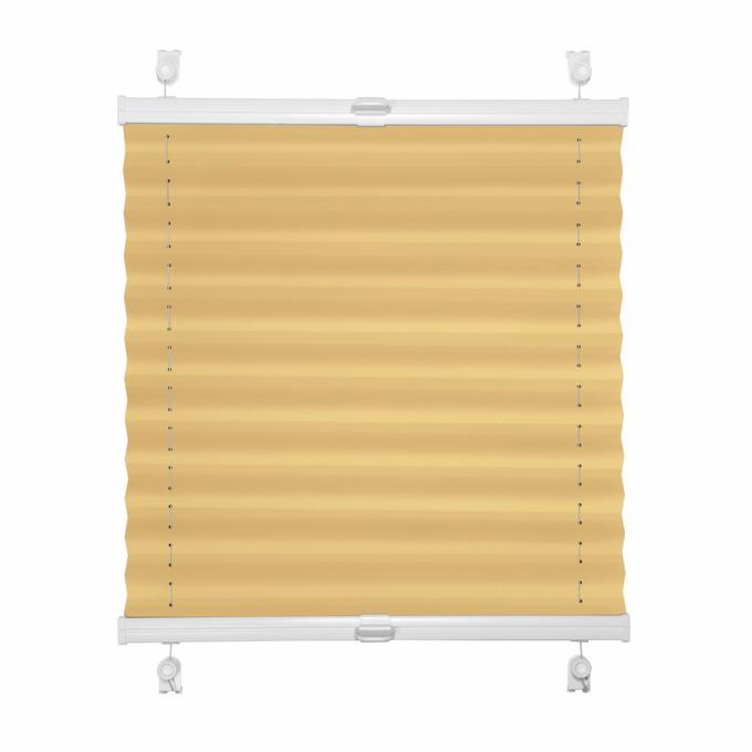 Beżowa plisowana roleta okienna z białymi elementami montażowymi, widok z przodu na białym tle.