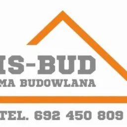 Logo firmy budowlanej CIS-BUD z pomarańczowym obrysem w kształcie domu i numerem telefonu.