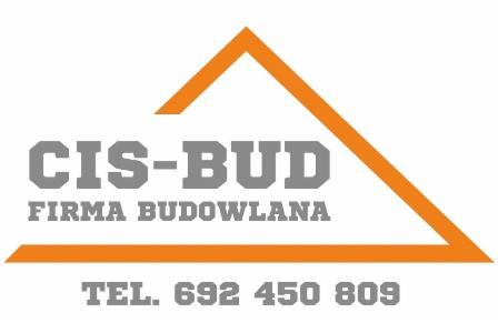 Logo firmy budowlanej CIS-BUD z pomarańczowym obrysem w kształcie domu i numerem telefonu.