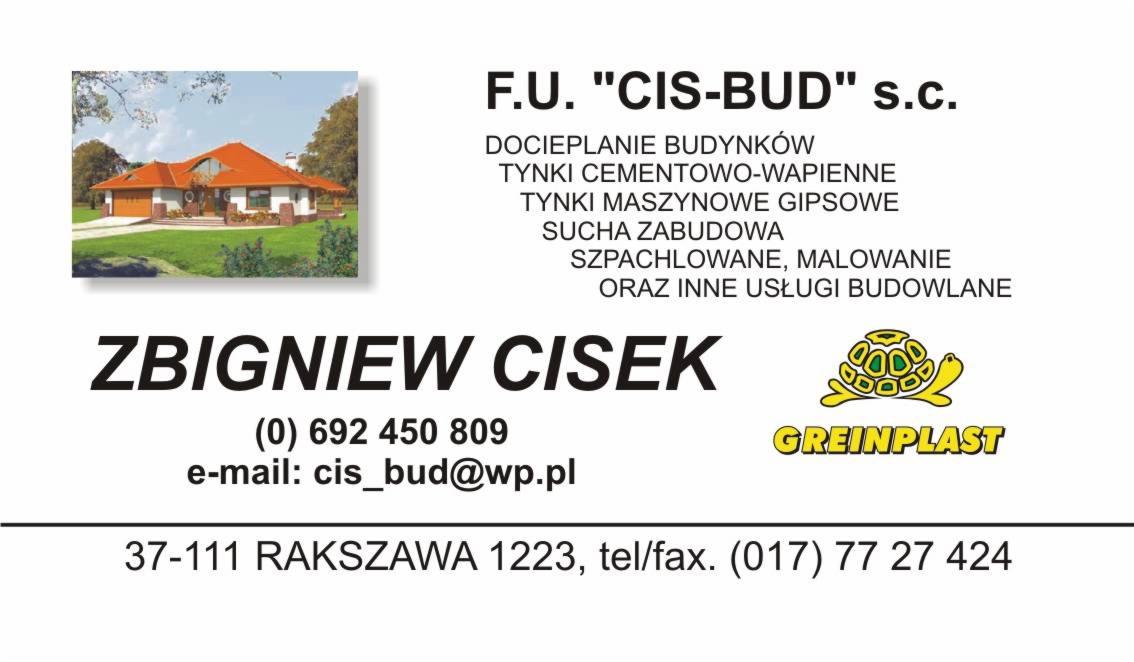 Wizytówka firmy budowlanej CIS-BUD s.c. z Rakszawy, oferującej docieplanie budynków, tynki cementowo-wapienne i gipsowe, suchą zabudowę, szpachlowanie i malowanie oraz inne usługi budowlane.
