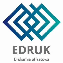 Logo firmy EDRUK, drukarnia offsetowa, z abstrakcyjnym, geometrycznym symbolem w odcieniach niebieskiego i szarego.