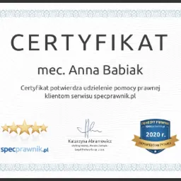 Certyfikat potwierdzający udzielenie pomocy prawnej przez mec. Annę Babiak klientom serwisu specprawnik.pl, z logo serwisu i oceną pięciogwiazdkową.
