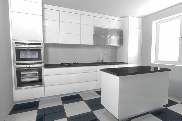 Wizualizacja nowoczesnej kuchni z białymi, błyszczącymi frontami szafek, czarnym blatem i wyspą kuchenną na podłodze w czarno-białą szachownicę.