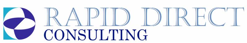 Logo firmy Rapid Direct Consulting z okrągłym symbolem w odcieniach błękitu po lewej stronie i napisem nazwy firmy w dwóch wierszach po prawej.
