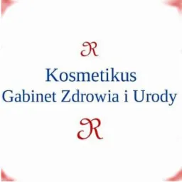 Logo gabinetu kosmetycznego 'Kosmetikus Gabinet Zdrowia i Urody' z ozdobnymi literami 'R' w kolorze czerwonym na górze i na dole, umieszczone na białym tle.
