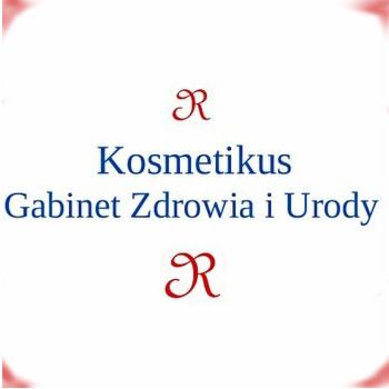 Logo gabinetu kosmetycznego 'Kosmetikus Gabinet Zdrowia i Urody' z ozdobnymi literami 'R' w kolorze czerwonym na górze i na dole, umieszczone na białym tle.