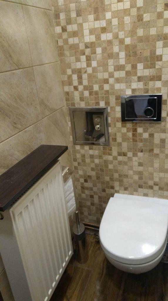 Kompaktowa toaleta podwieszana z chromowanymi przyciskami spłukiwania na mozaikowej ścianie, obok grzejnika z ciemnym blatem i szczotką do WC na drewnopodobnej podłodze.