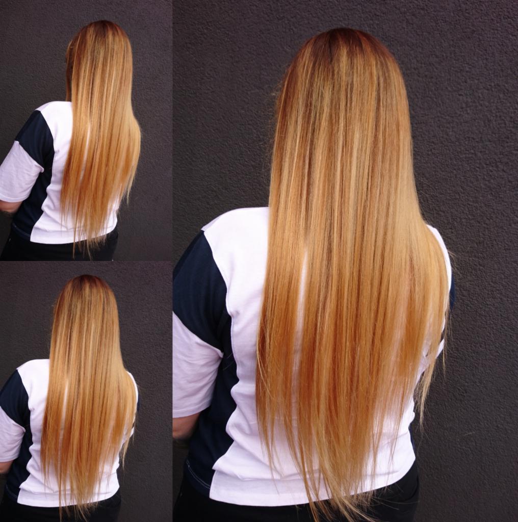 Długie, proste włosy w odcieniach blondu i miodu, widoczne z tyłu na tle grafitowej ściany, ujęcie z trzema kadrami