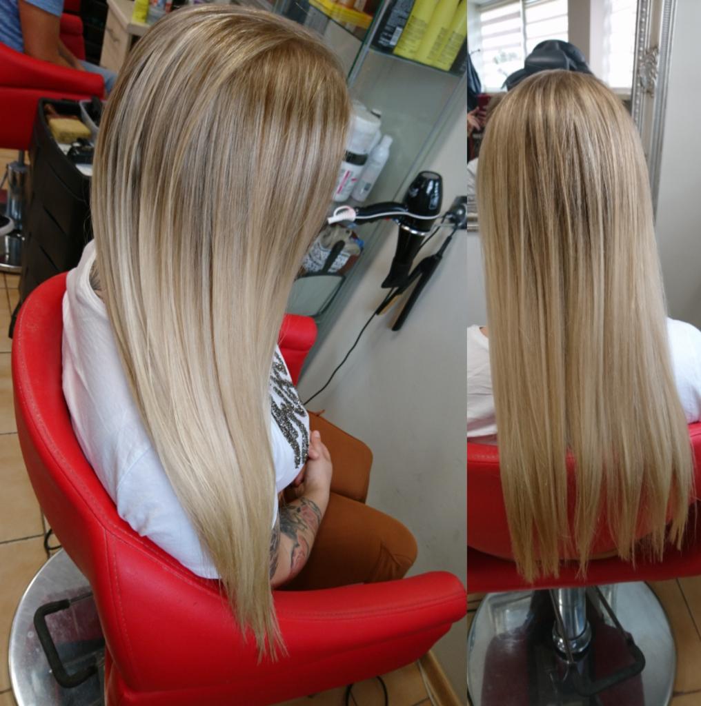 Dwa ujęcia tej samej kobiety z długimi, blond włosami ombre, siedzącej w czerwonym fotelu fryzjerskim, widok z tyłu prezentujący efekt koloryzacji.