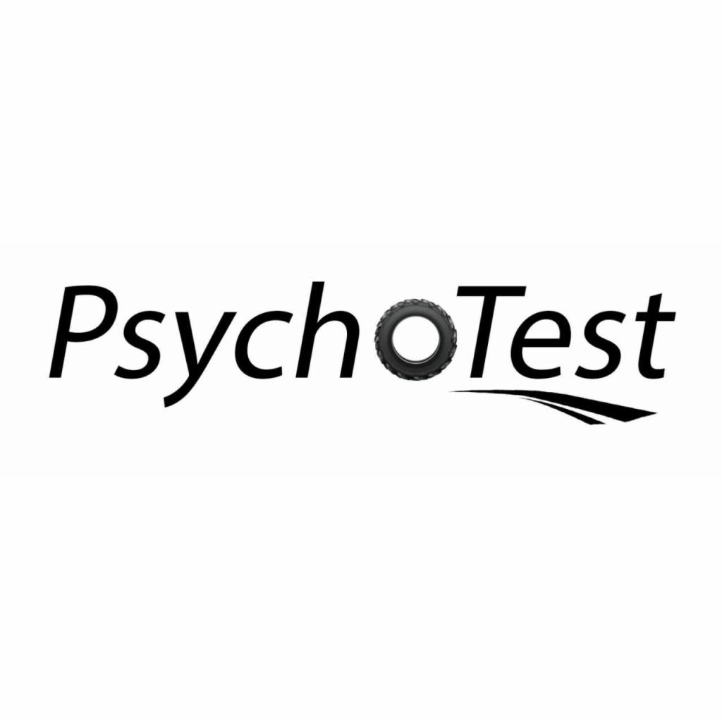 Logo firmy 'PsychoTest' z literą 'O' zastąpioną przez oponę samochodową i podkreśleniem w kształcie śladu opony.