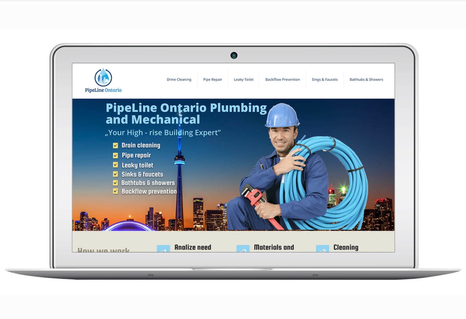 Ekran laptopa wyświetlający stronę internetową firmy hydraulicznej Pipeline Ontario, prezentującą usługi takie jak czyszczenie kanalizacji, naprawa rur, usuwanie nieszczelności, montaż umywalek...