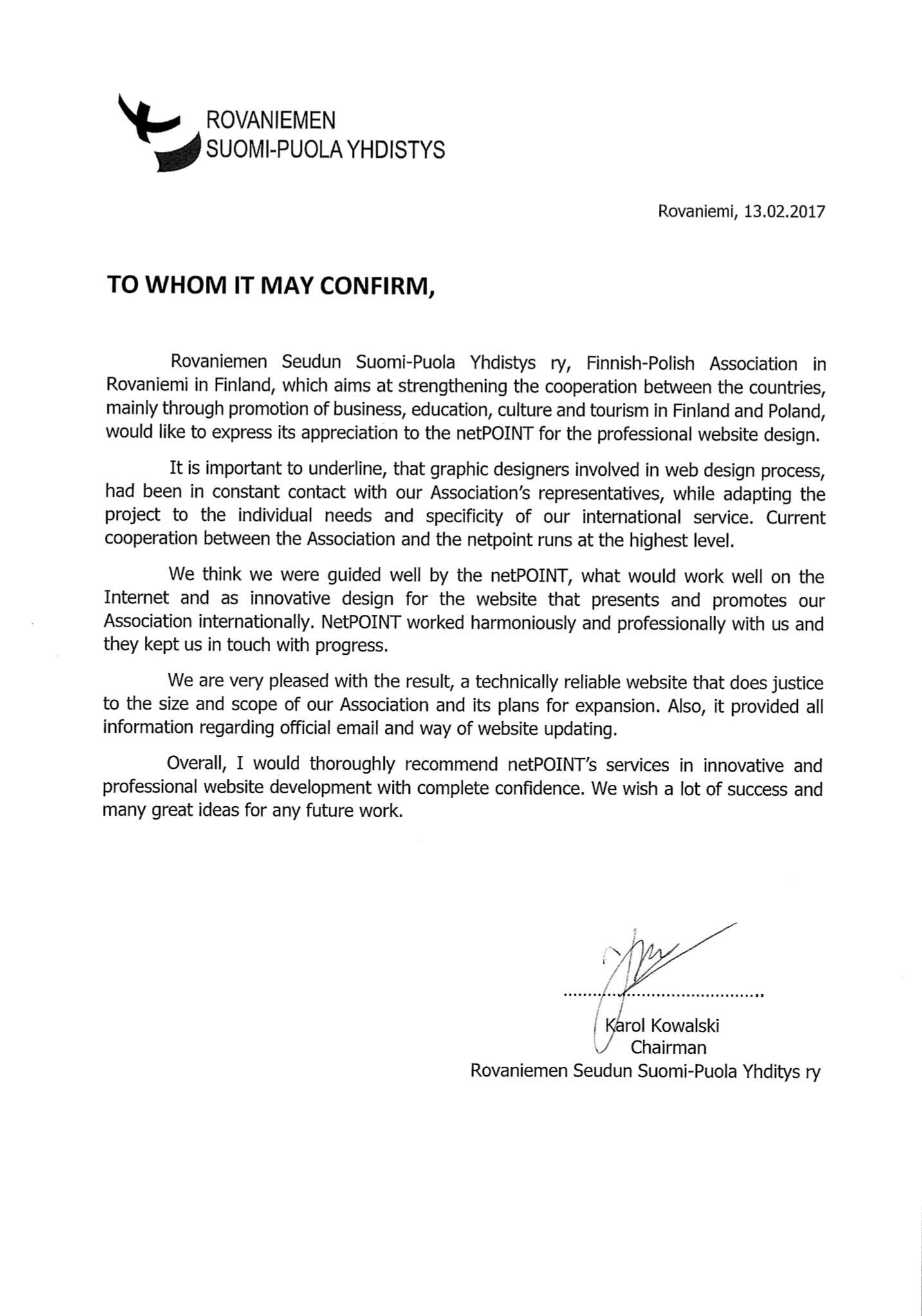 Skan referencji dla firmy netPOINT dotyczącej projektowania stron internetowych od Rovaniemen Seudun Suomi-Puola Yhdistys ry, z datą 13.02.2017 i podpisem Karol Kowalski, Chairman.