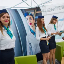 Stoisko promocyjne linii lotniczych z hostessami w firmowych uniformach, prezentujące ofertę klientowi.