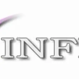 Logo firmy INFI z fioletowym łukiem po lewej stronie, białe litery z szarym cieniem na białym tle.