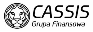 Logo firmy Cassis Grupa Finansowa z graficznym symbolem lwa w okręgu po lewej stronie.